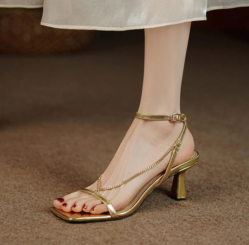 2025 High Heels Shoes for Women Gold Elegant Sandales Femme Fashion Streetwear New High Quality High Heel Sandals