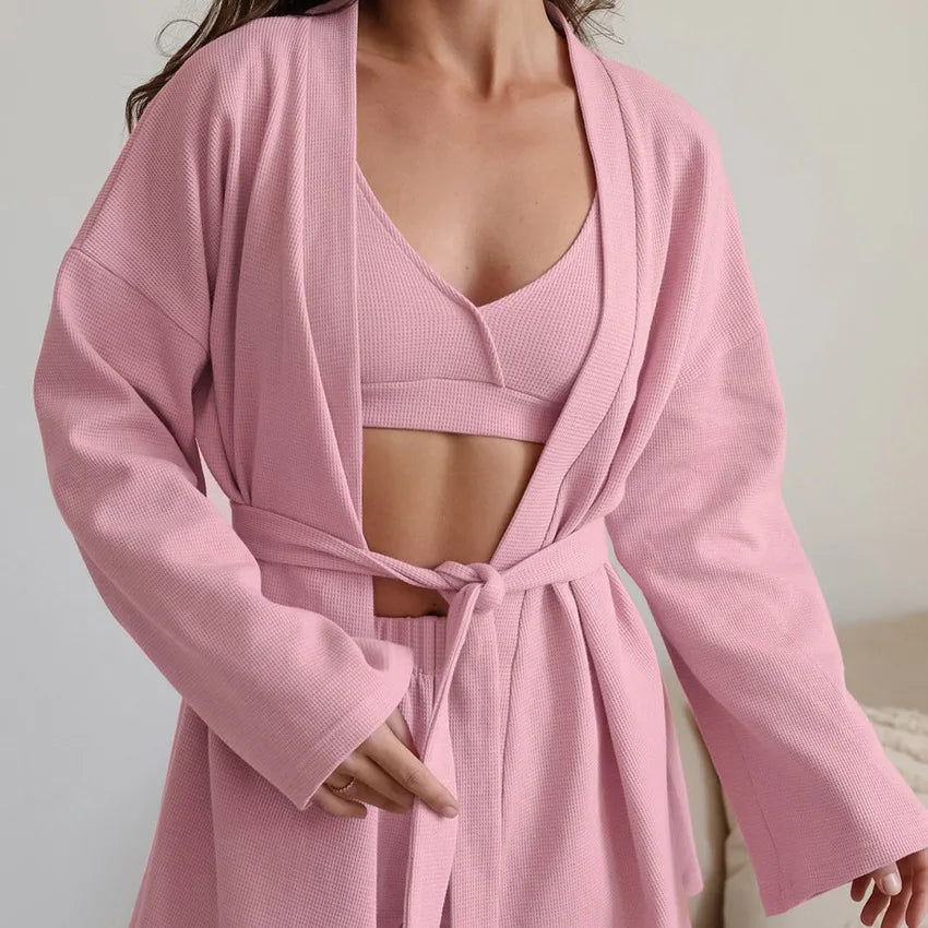 Waffle Solid Color Long Sleeve Robe Underwear Shorts Casual Three-piece Set Home Wear Lingerie Pajama Set Pajamas for Women