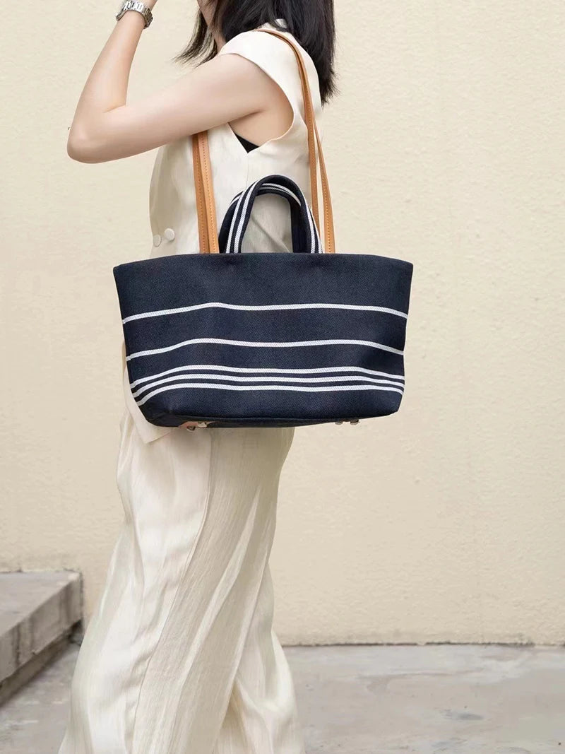 2026 Fall, Summer New Women Bag Beach Totes Lady Stripe Handbag Female Denim Striped Woven Shopping Shoulder Bag