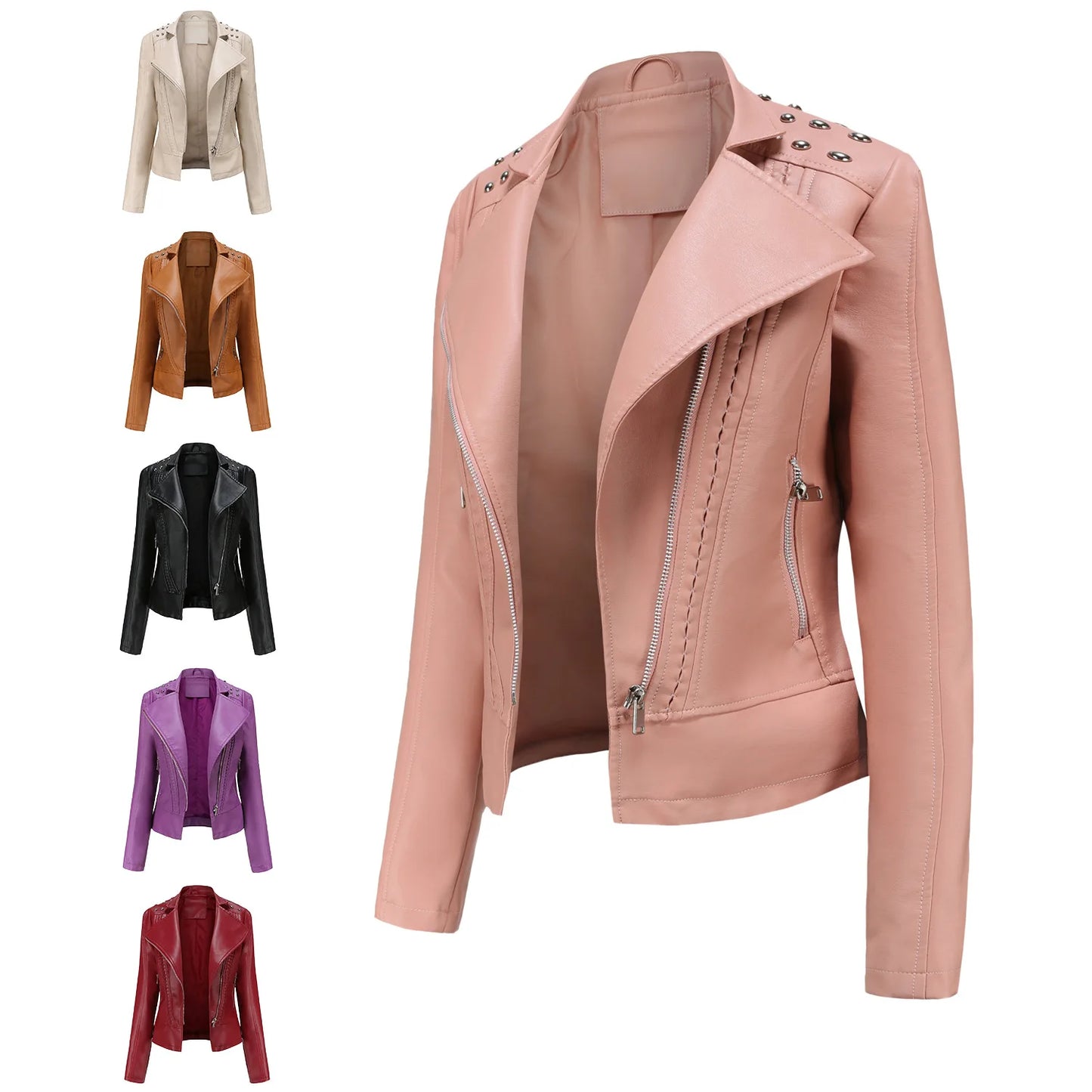 Ladies' Beaded Leather Jacket Women's Long-sleeved Fashion Jacket Thin Spring and Autumn Women's Leather Jacket with Lapel Coat