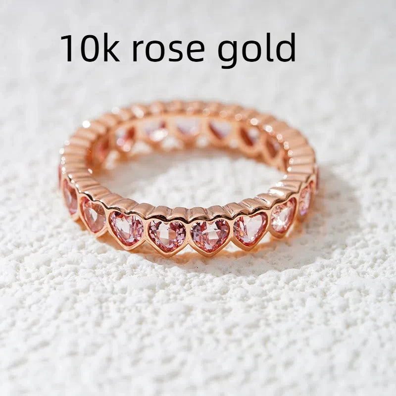 MomentWill 10k 14k Rose Gold Heart-Shape Eternity Diamond Rings Women Solid Vintage Gemstone Jewelry with Bezel Setting