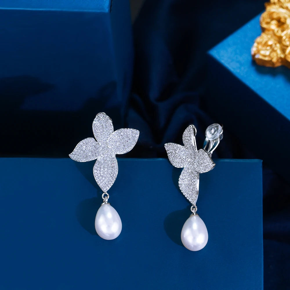 Fashion Cubic Zircon Jewelry Long Dangle Drop No Pieced Pearl Flower Clip on Earrings for Women Wedding Dress Accessories