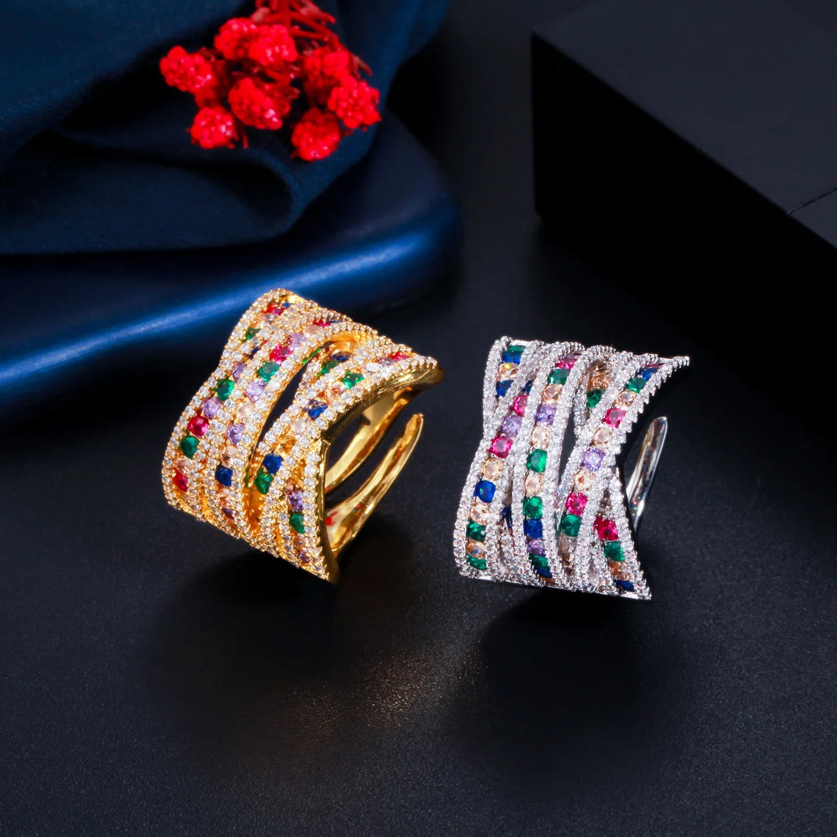 Big Bold 18k Gold Plated Mixcolor Cubic Zirconia CZ Jewelry Adjustable Open Big Ring for Women Party Hand Accessories
