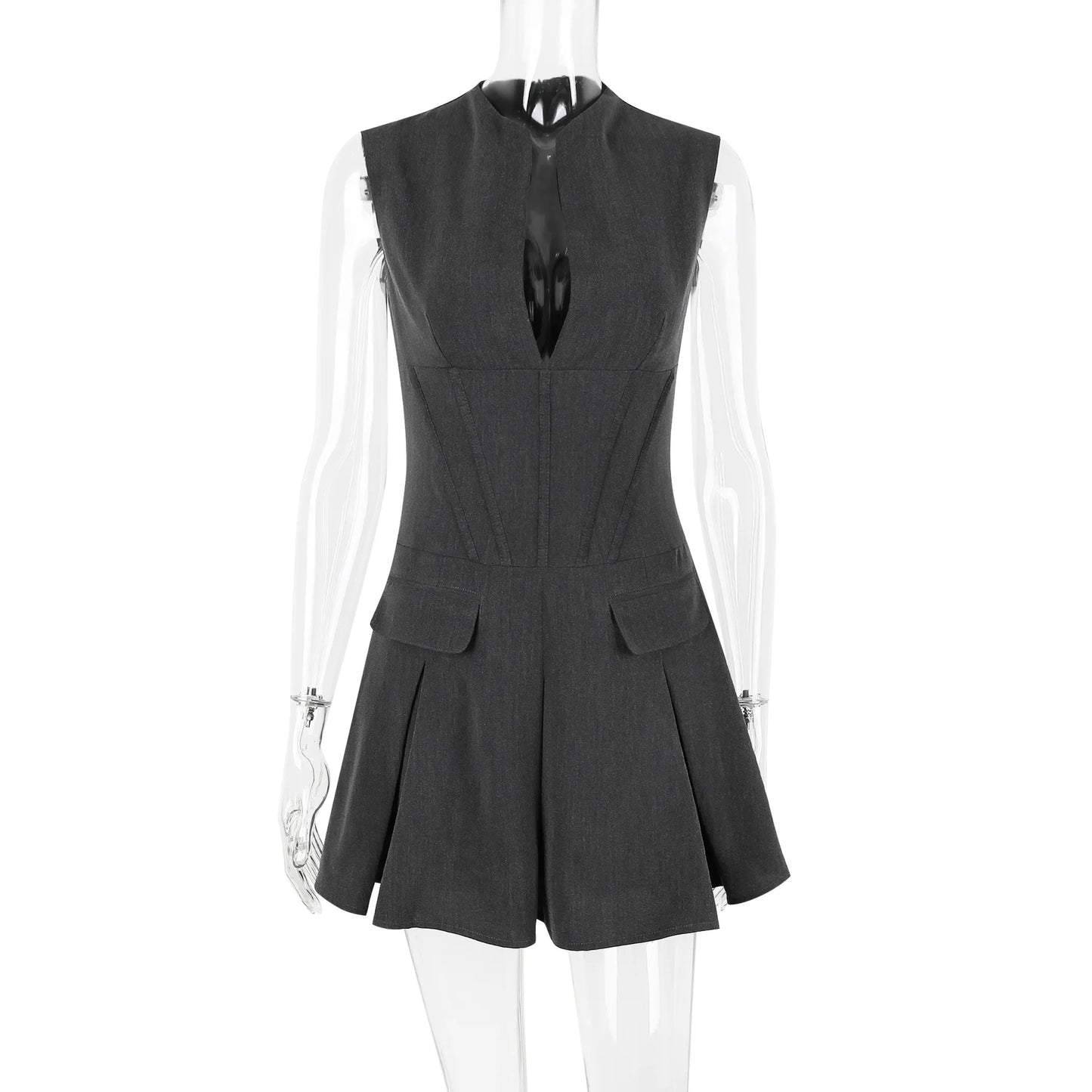 Super Quality OL Commuting Women's Fashion Dress Sexy V-neck Suit Pleated Skirt Pocket Slim Sleeveless Dress Women Lucxry