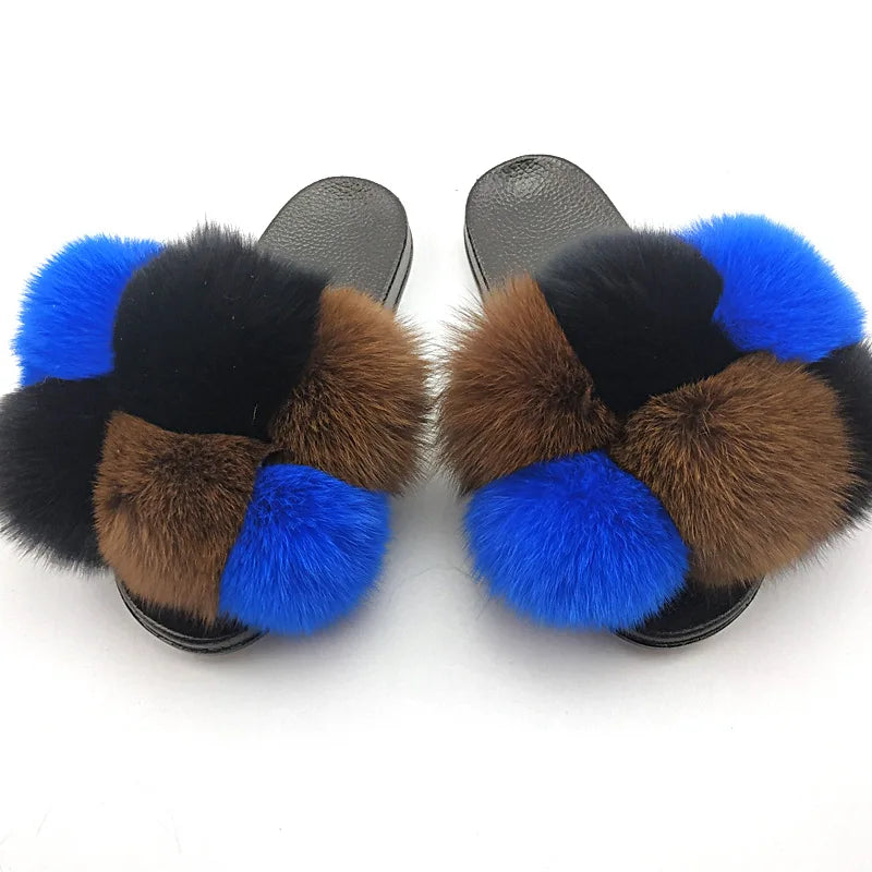 Woman Elegantes Adjustable Slides Fluffy Platform Sandal Rainbow Faux Fur Slippers