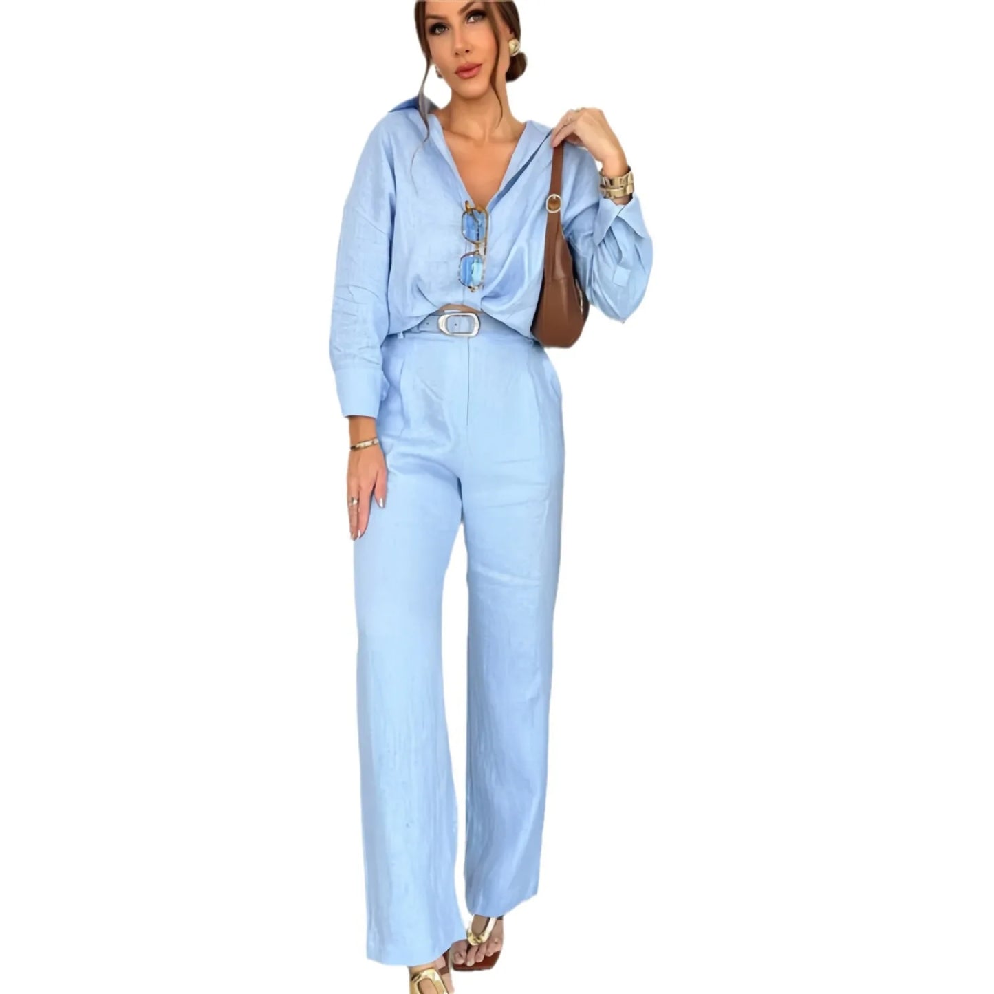 Women's Clothing 2025 New Fashion Cotton and Linen Solid Color Loose Long Sleeved Shirt Casual Suit Pants Two-piece Set