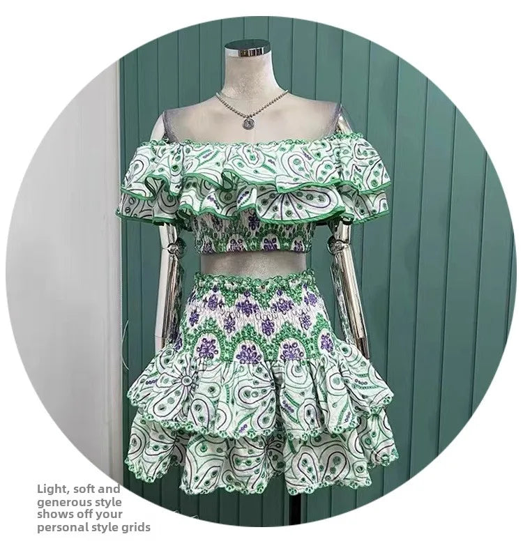 2025 Spring Summer New Lace Two Pieces Sets Off-Shoulder Crop Top + Flounce Hem Skirt Co-ord Set