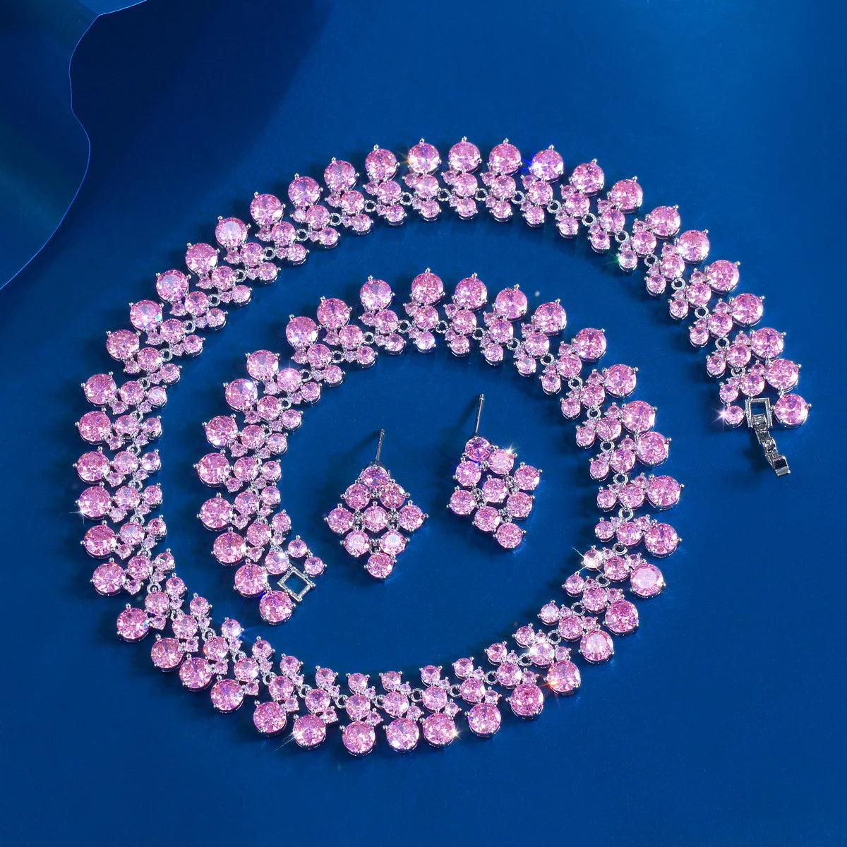 Super Luxurious Round Cubic Zirconia Necklace and Earrings Engagement Wedding Romantic Pink Chunky Big Jewelry Set for Women