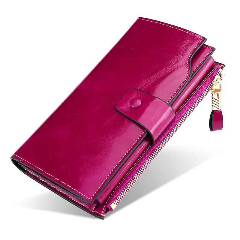 Fashion Real Leather Women RFID Clutch Purse with Strap Long Handle Wallet