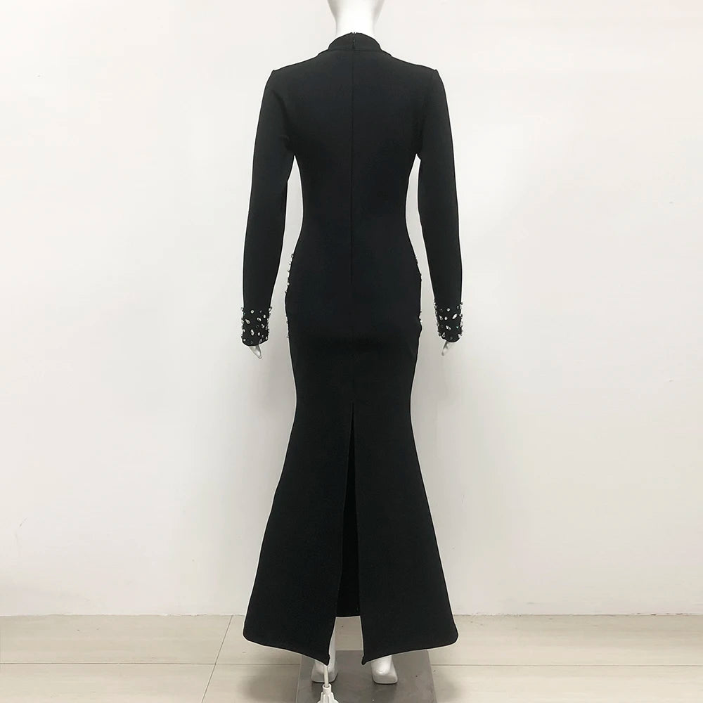 Fashion High End Luxury Bandage Evening Dresses Women Full Sleeve Rhinestone Bodycon Formal Gown Dress