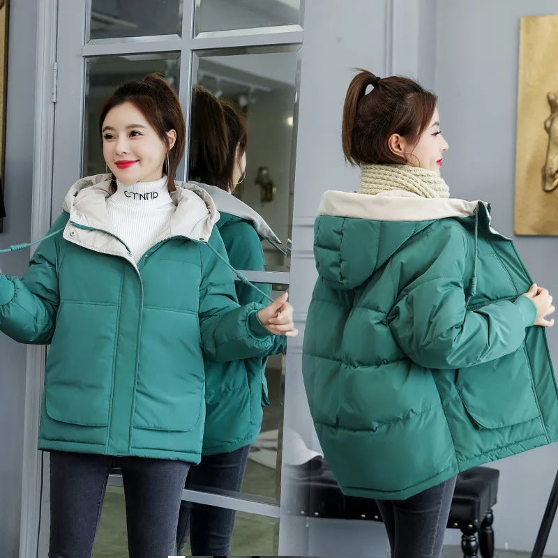 2025 Winter New Women's Classic Padded Jacket Casual Slim Short Coat with Hood Long Sleeve Solid Color Zipper Loose Casual Style