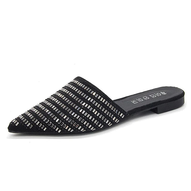 Brand New Design Shiny Diamond Women's Flat Shoes Open Heel Simple Mueller Shoes Casual Lazy Ladies Shoes