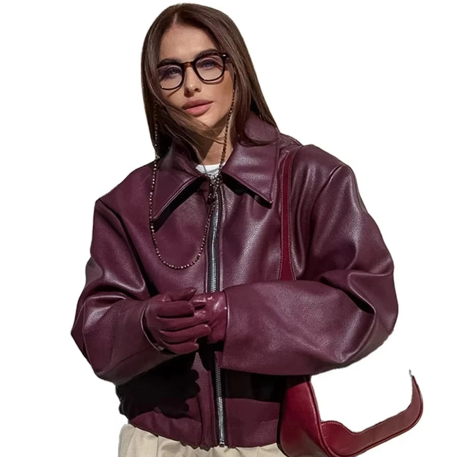 2025 Women's Spring and Autumn Vintage Motorcycle Popular Style Fashion Matte Leather Zipper Jacket Coat