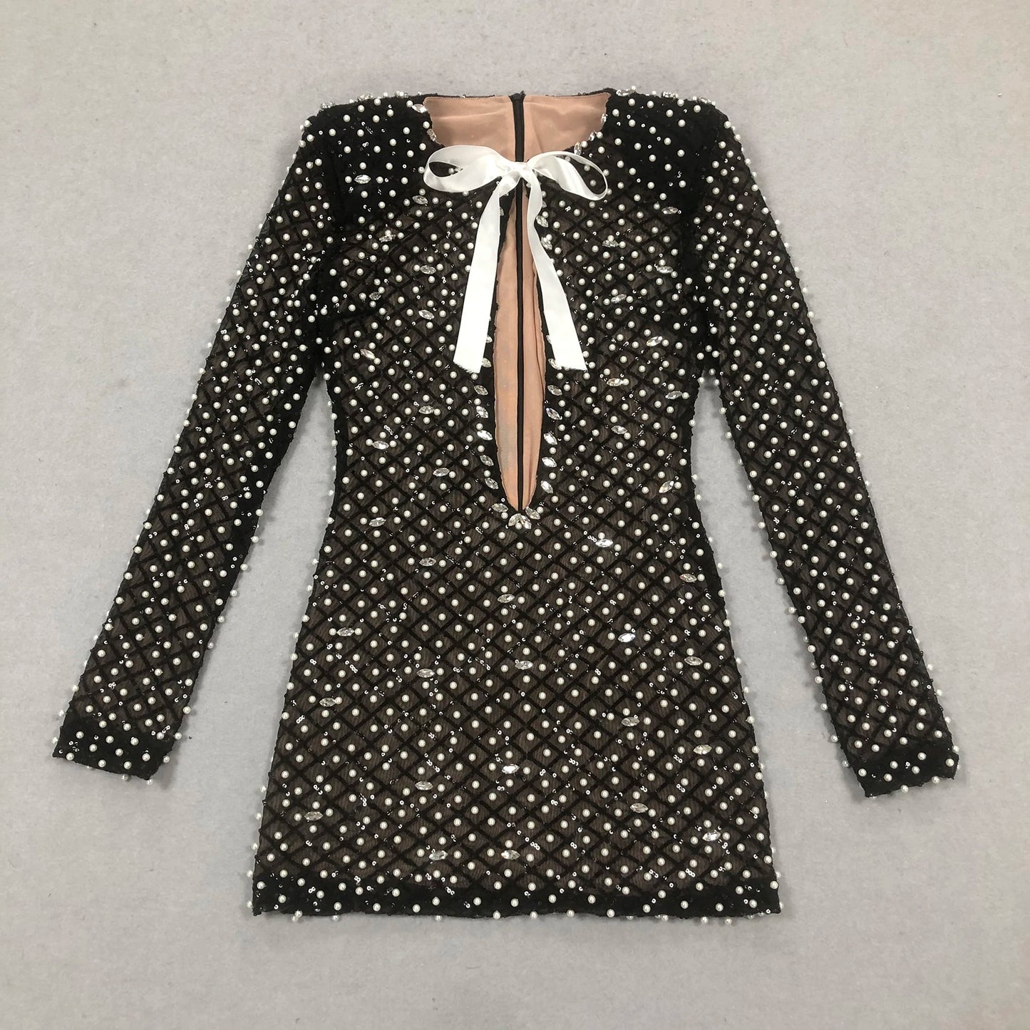 Women Pearls Sequin Black Mini Dress Cut-out Short Party Wear Club Dresses Outfits for Women Sexy