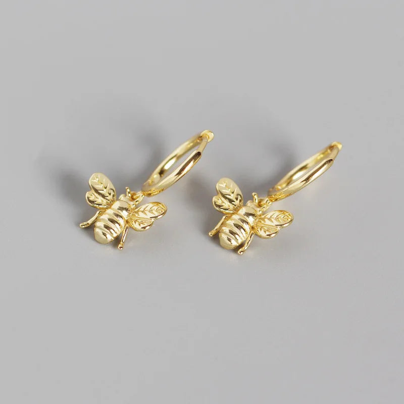 New Fashion 925 Sterling Silver Plain Dangling Animal Bee Shape Insects 18k Gold Plated Hoop Earrings for Women