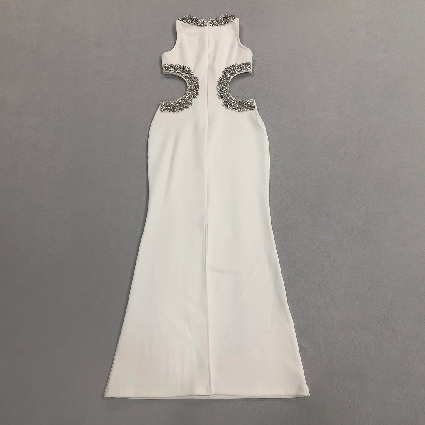 New Elegant Hollow Out Sexy White Bandage Evening Dress Sleeveless Summer Maxi Dress with High Split