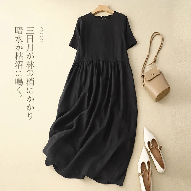 2025 Summer New Simple and Elegant Cotton Dress Artistic O-neck Short Sleeve Large Swing Long Dress