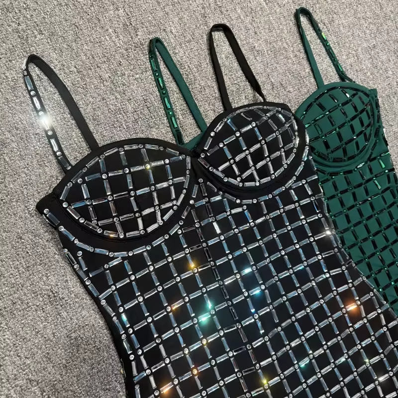 Luxury Rhinestone Grid Strapless Bodycon Mini Bandage Dress Party Club Evening Gala Dinner Black Birthday Dresses