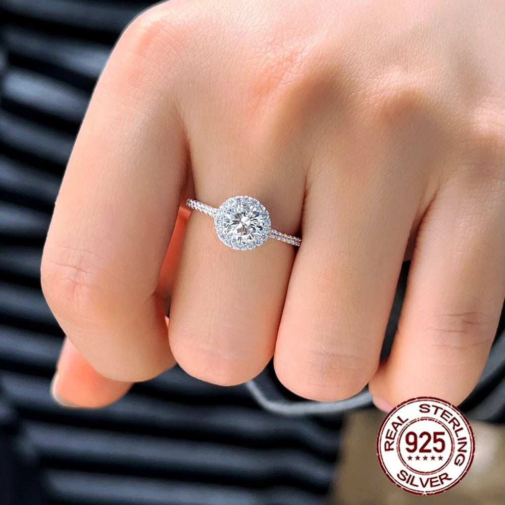 Luxury Round Cut Shiny Diamond Like Cubic Zirconia S925 Sterling Silver Wedding Brides Promise Finger Ring for Women