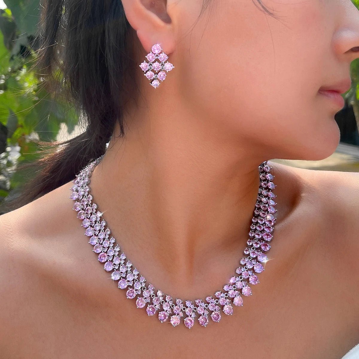 Super Luxurious Round Cubic Zirconia Necklace and Earrings Engagement Wedding Romantic Pink Chunky Big Jewelry Set for Women