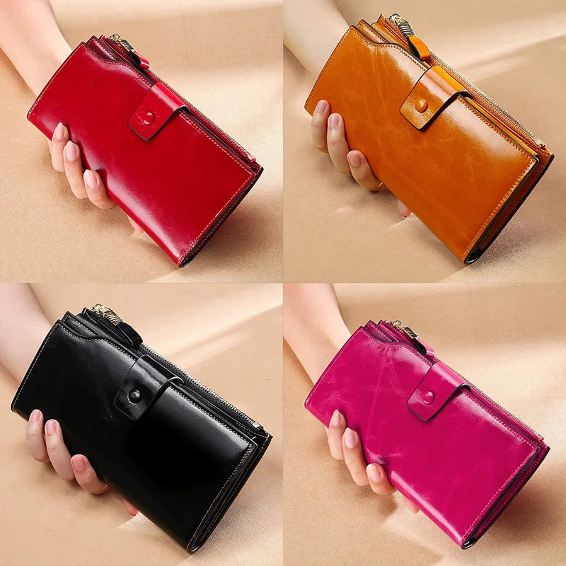 Fashion Real Leather Women RFID Clutch Purse with Strap Long Handle Wallet