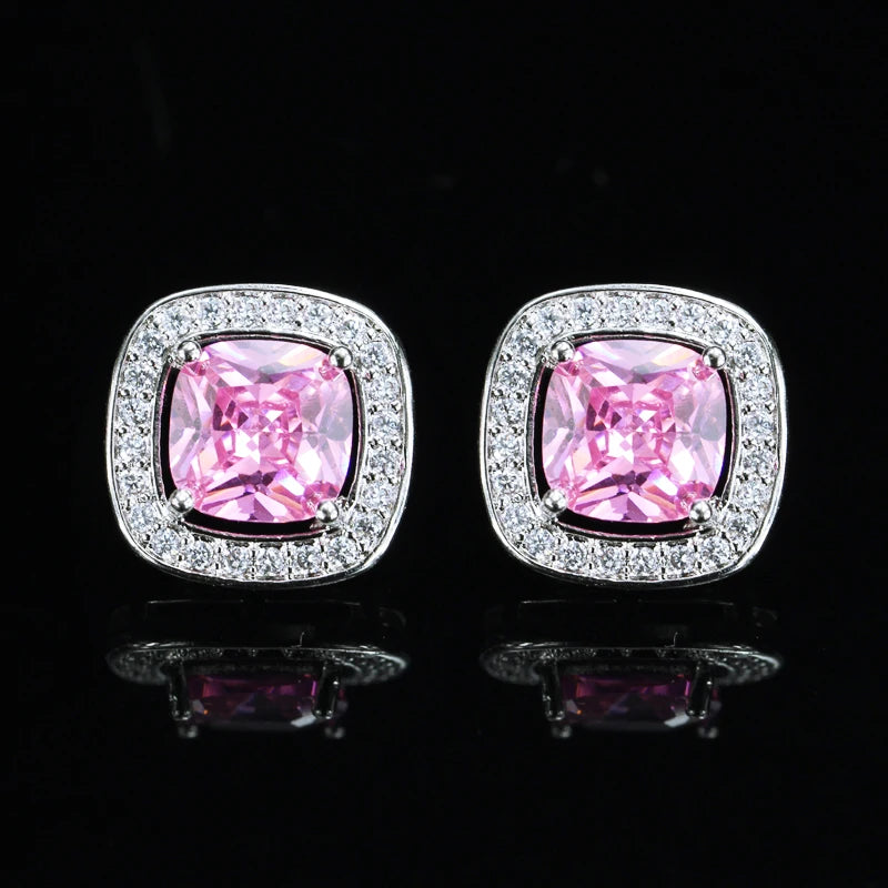 8 Color Options High Quality Square Shaped Cubic Zircon Stone Pink Crystal Fashion Stud Earrings for Women Daily Wear Jewelry