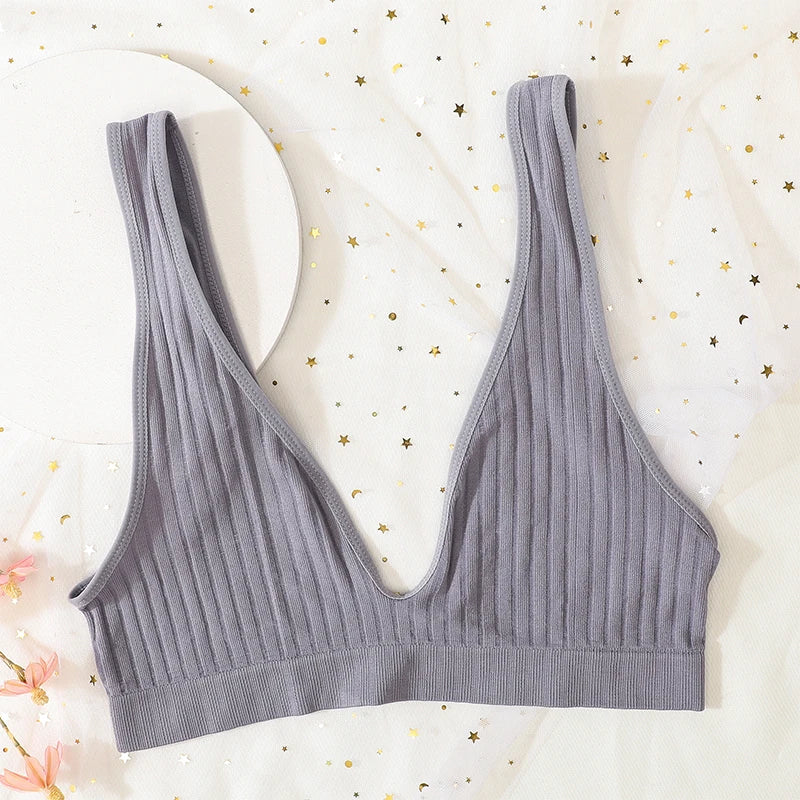 V-neck Push Up Bras For Women Seamless Bra Sexy Lingerie Female Low Back Ribbed Bralette Sleep Underwear Unlined Bra Crop Tops