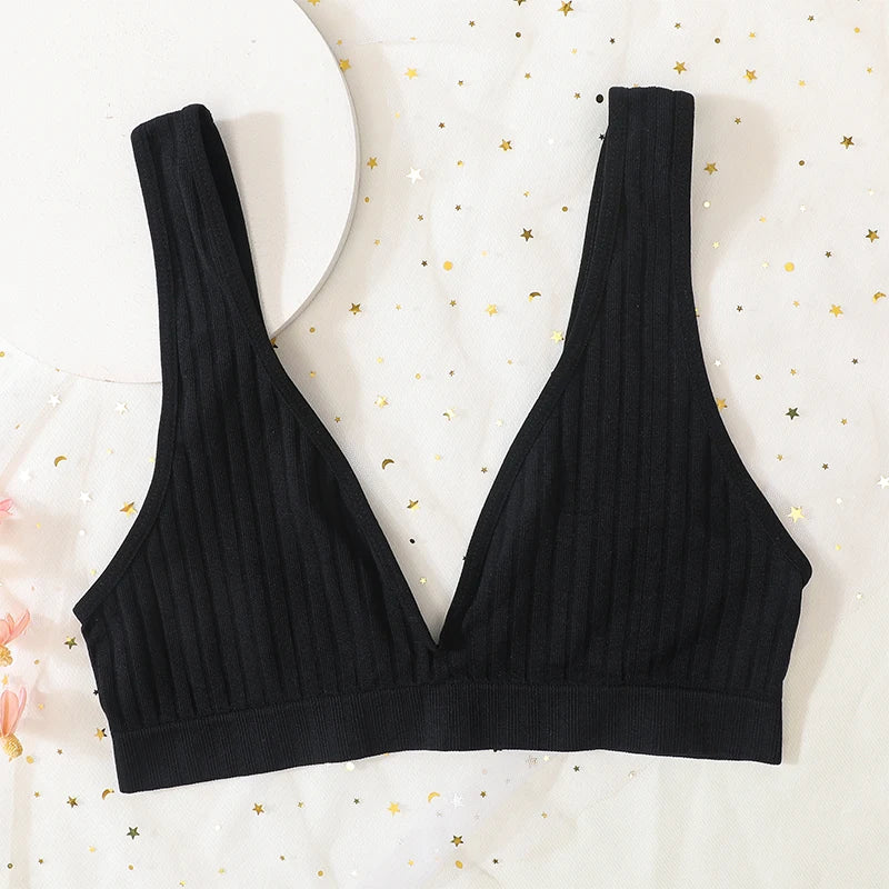 V-neck Push Up Bras For Women Seamless Bra Sexy Lingerie Female Low Back Ribbed Bralette Sleep Underwear Unlined Bra Crop Tops