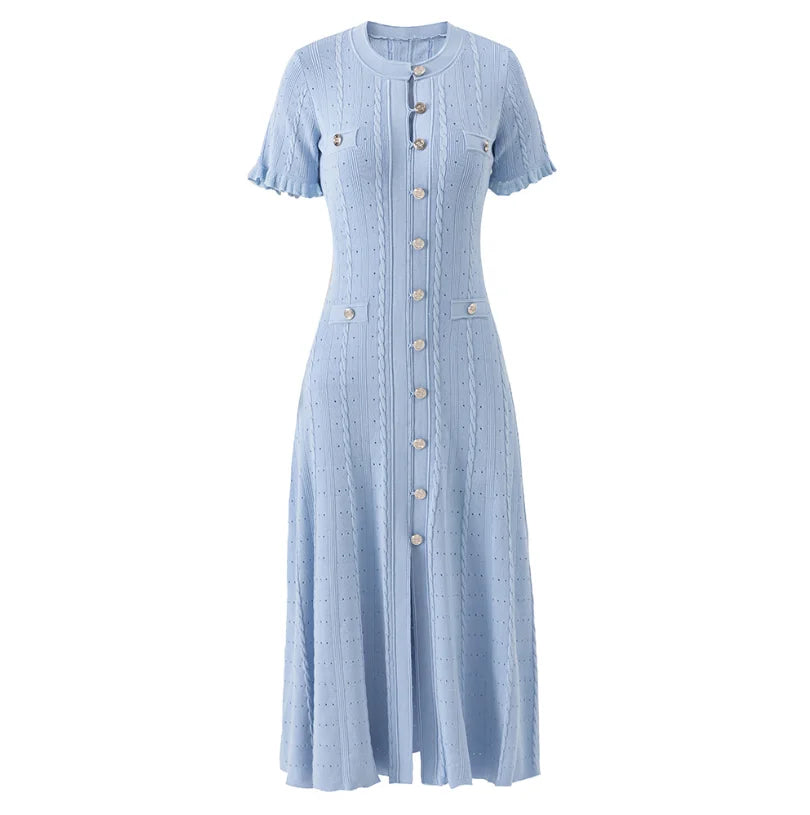 High Quality Knitting Party Summer Short Sleeve Dress Women Elegant Fashion Midi Knitted Dress