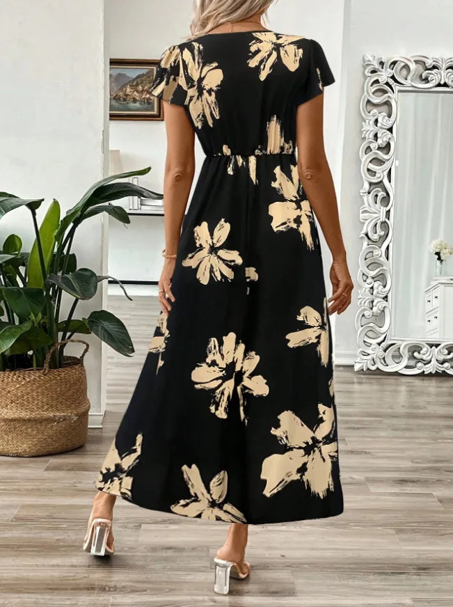 2025 New Fashion Women's Summer Dress Deep V-Neck Sexy Slim High Waist Short Sleeve Printed Maxi Dress