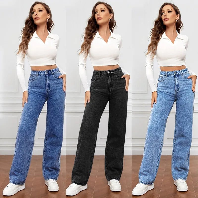 2025 Fashion New Women's High Waist Washed Pure Color Long Casual Basic Straight Leg Long Jeans