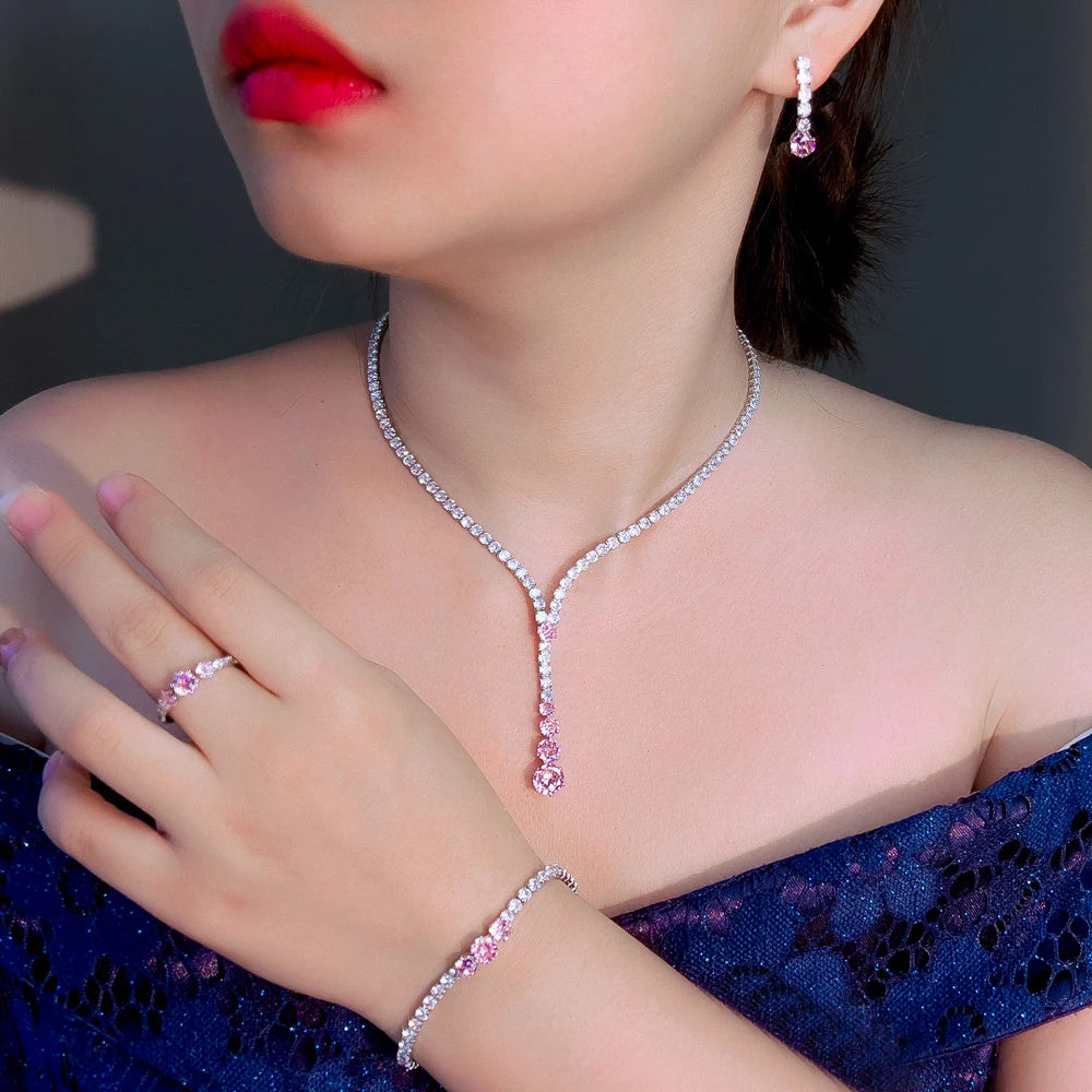 4pcs Glittering Cubic Zircon White Pink Necklace Earrings Bracelet and Ring Wedding Bridal Jewelry Set for Women Party Accessory