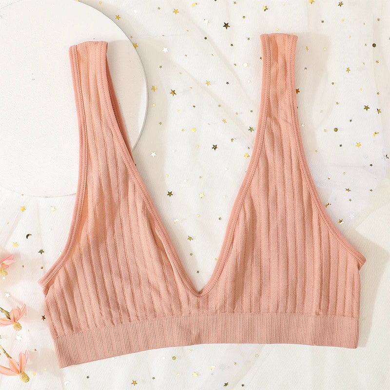 V-neck Push Up Bras For Women Seamless Bra Sexy Lingerie Female Low Back Ribbed Bralette Sleep Underwear Unlined Bra Crop Tops