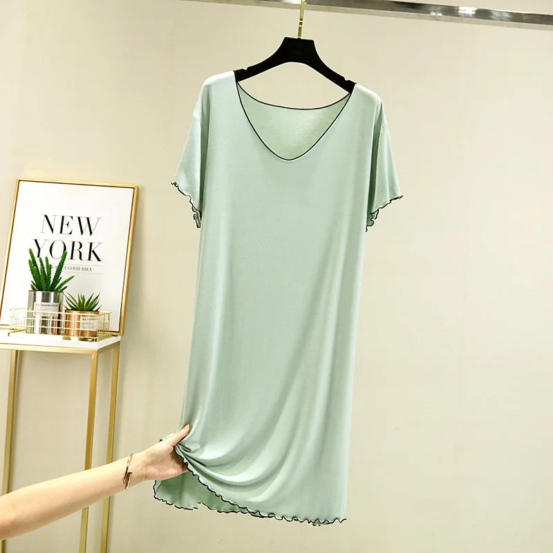 2025 Fall Summer Spring Collection Hot Sale Ladies' Girls' Sleeping Dress Short Sleeved Large V-Neck Loose Lace Pure Color Knitted