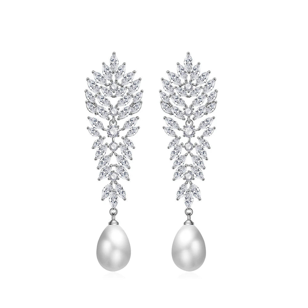 Elegant Shiny Marquise Cut Cubic Zirconia Long Leaf Drop Simulated Pearl Bridal Wedding Party Drop Earrings for Women Jewelry