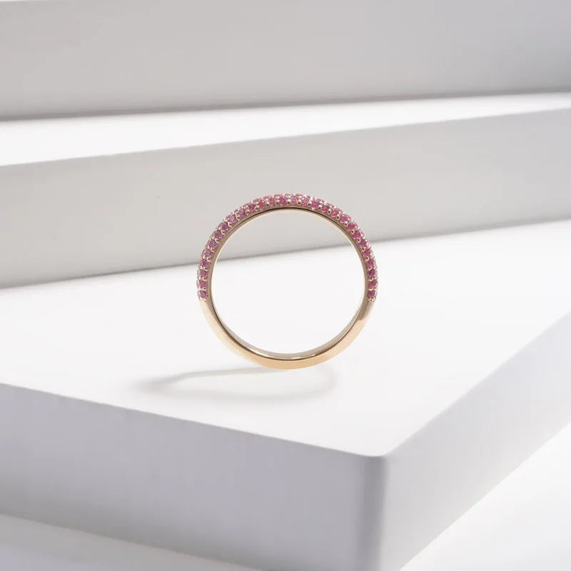 MomentWill "14K Yellow Gold Solid Wedding Band with Lab-Created Emerald and Ruby Gemstones"