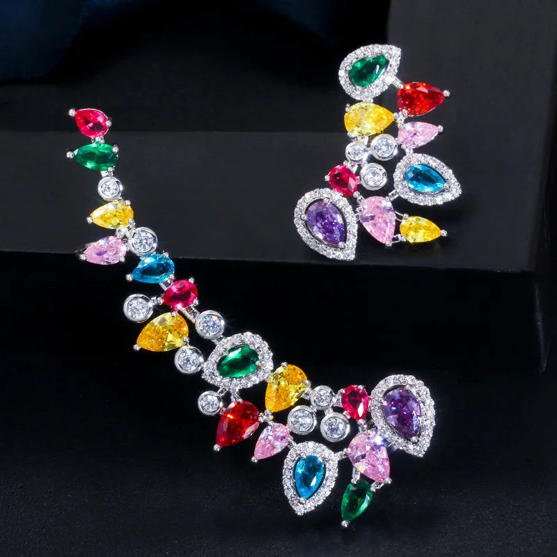 CZ Rainbow Color Water Drop Long Asymmetrical Ear Climber Clamp Cuff Stud Earrings for Wife Sister Gift Unique Design