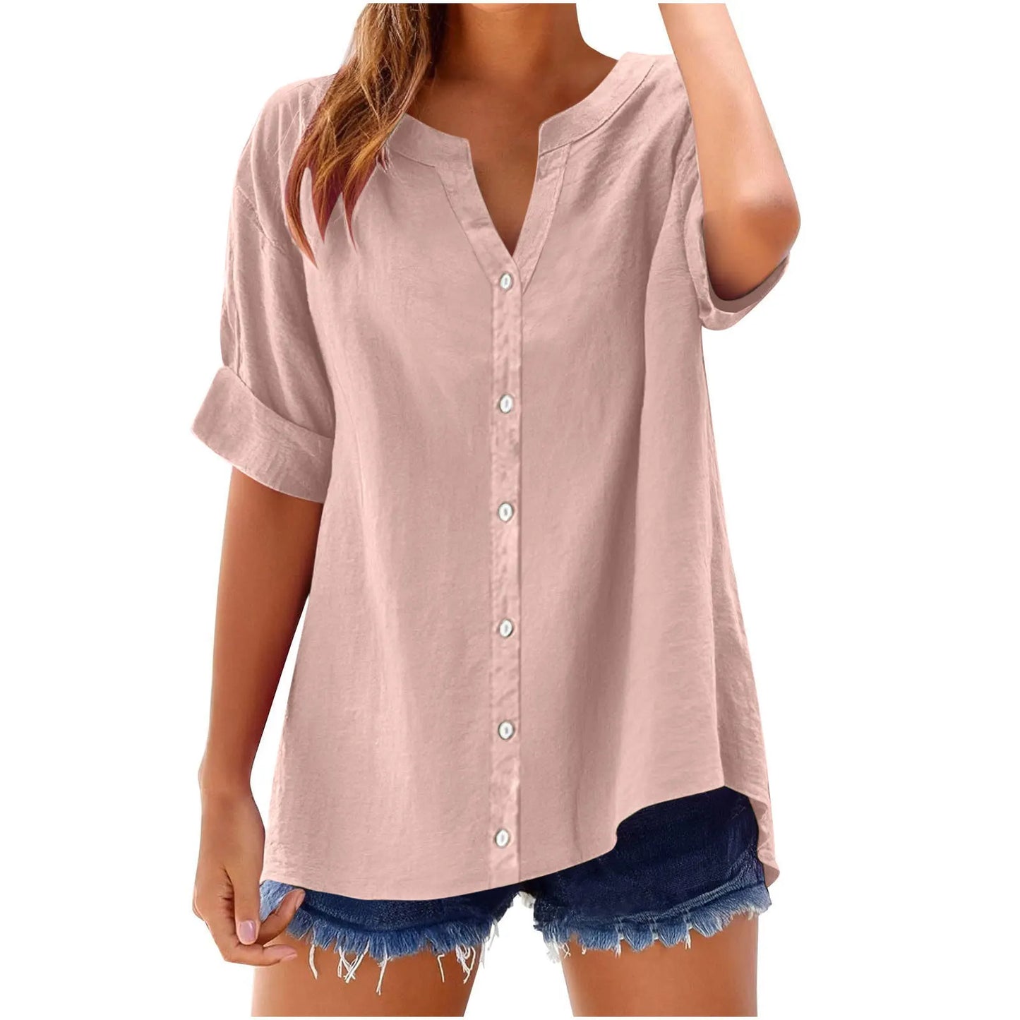 2025 Spring Fall Summer New Shirt Casual Loose Button V-neck Large Short Sleeve Top Women's Shirt