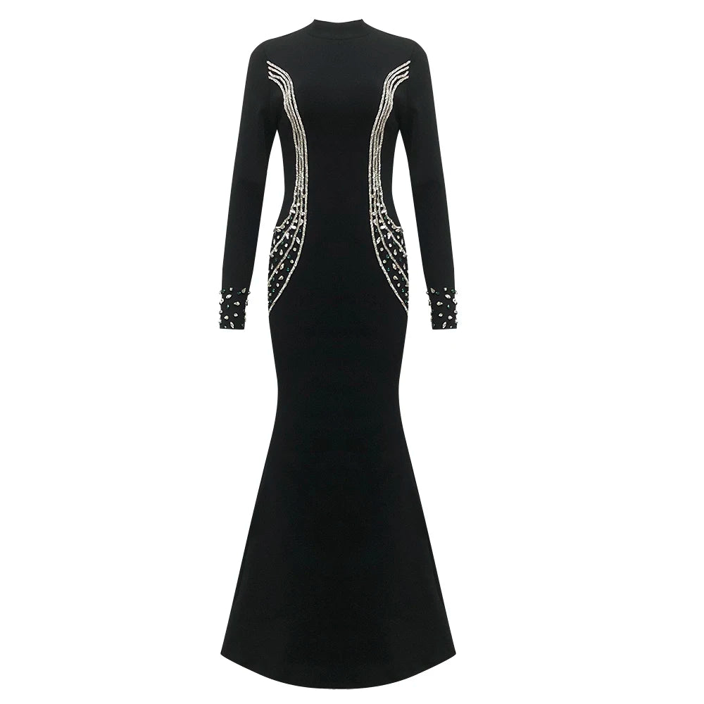 Fashion High End Luxury Bandage Evening Dresses Women Full Sleeve Rhinestone Bodycon Formal Gown Dress