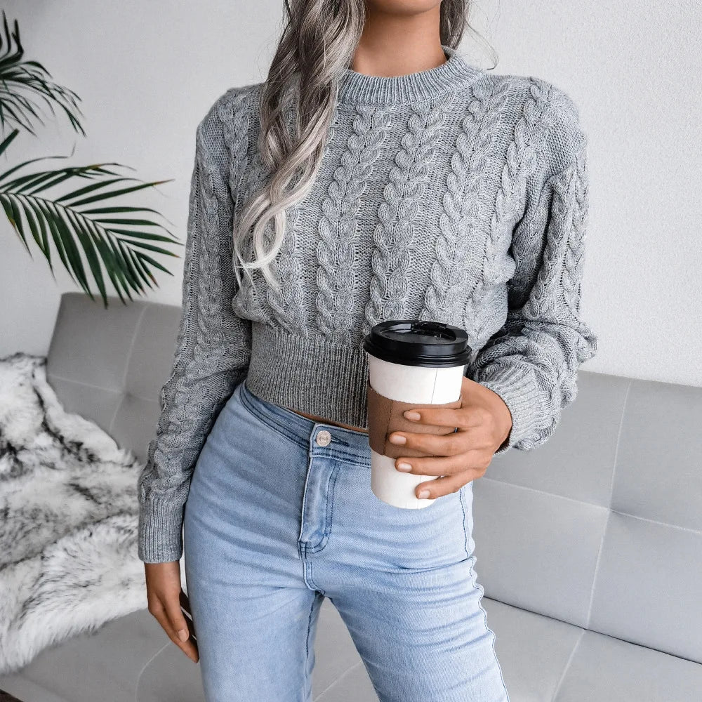 shiny Short Pullover Jumper Women Autumn and Winter New Round Neck Solid Color Knitted Sweater