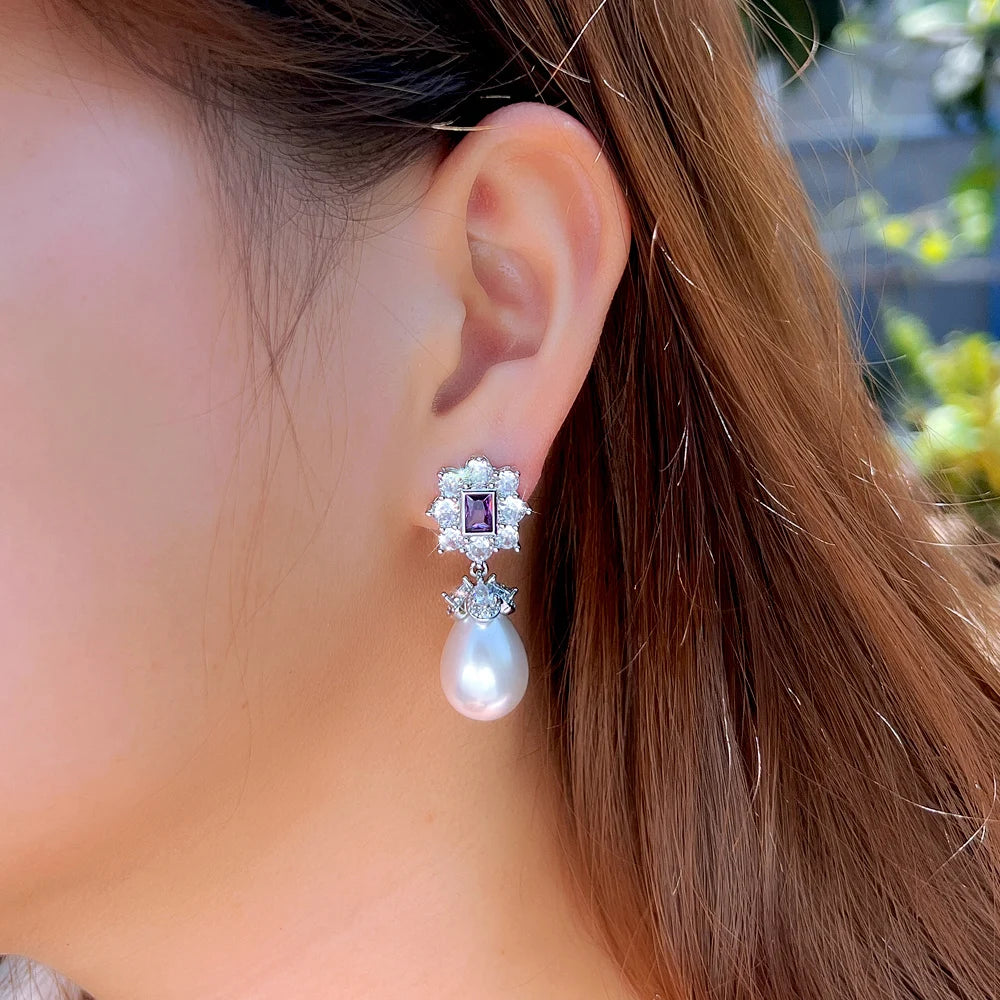 Romantic Purple Cubic Zirconia Imitation Pearl Long Dangle Drop Earrings for Women Daily Wear Special Occasions