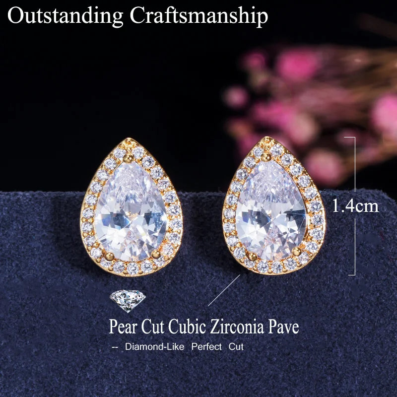 Vintage Design Pure White Gold Plated Cubic Zirconia Pear Cut Crystal Stud Earrings for Women CZ Jewelry Costume Accessories