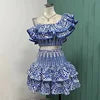 2025 Spring Summer New Lace Two Pieces Sets Off-Shoulder Crop Top + Flounce Hem Skirt Co-ord Set