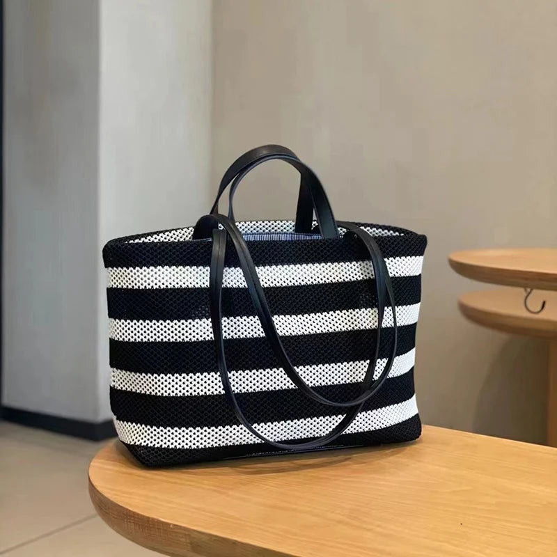 2026 Fall, Summer New Women Bag Beach Totes Lady Stripe Handbag Female Denim Striped Woven Shopping Shoulder Bag