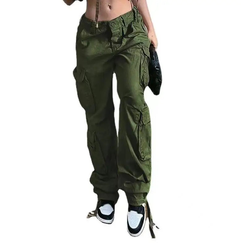 2025 Girls Fashion Loose Cotton Straight Pants Street Hip-hop Outwear Front Pocket Long Overalls Trousers Women's Clothing