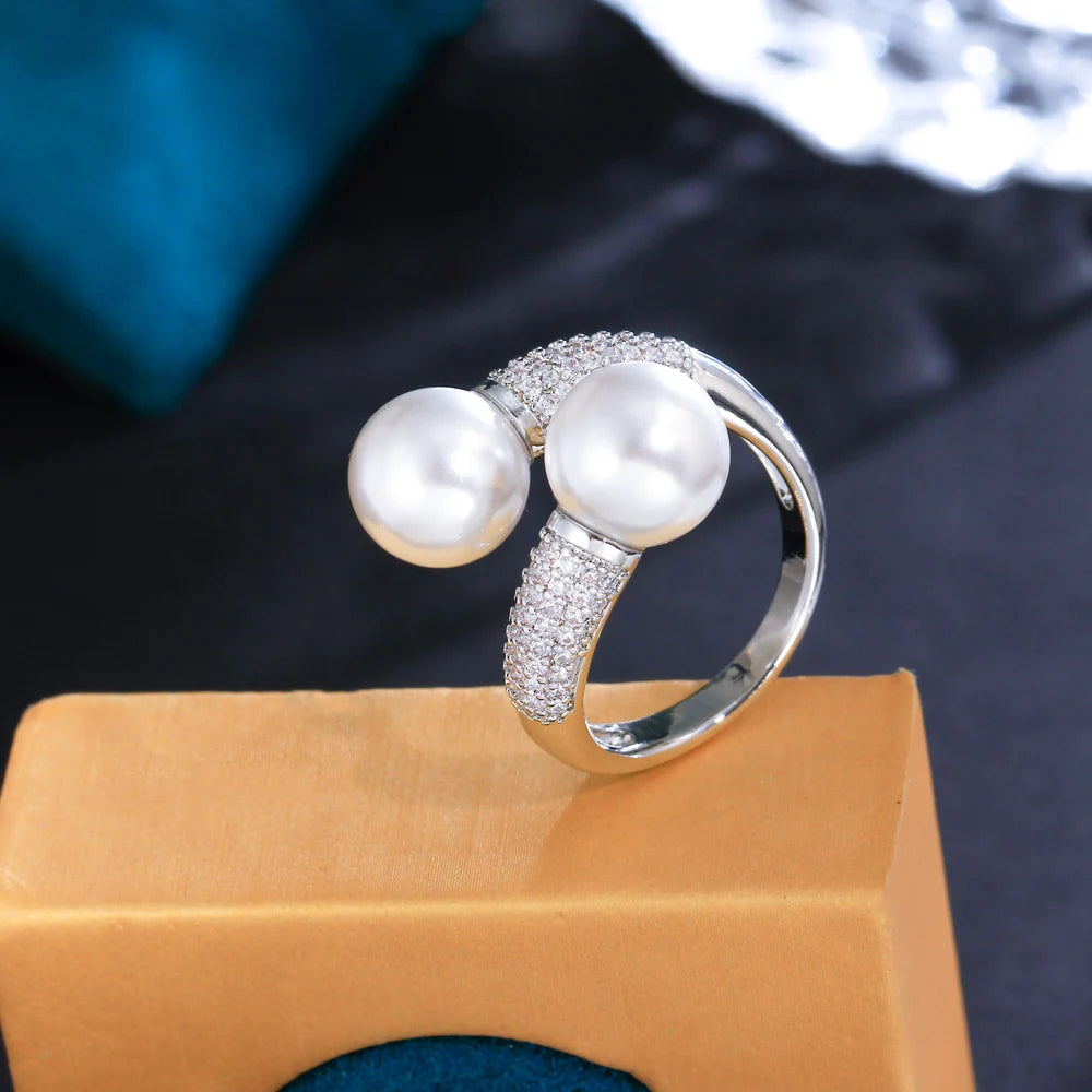 Adjustable Shiny Cubic Zirconia Paved Double Big Pearl Finger Rings for Women Party Engagement Anniversary Weeding Jewelry