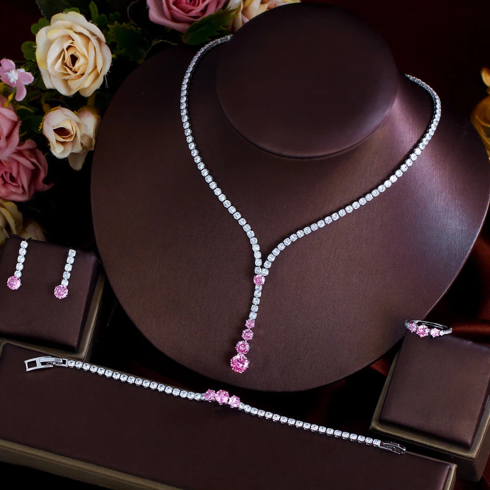 4pcs Glittering Cubic Zircon White Pink Necklace Earrings Bracelet and Ring Wedding Bridal Jewelry Set for Women Party Accessory