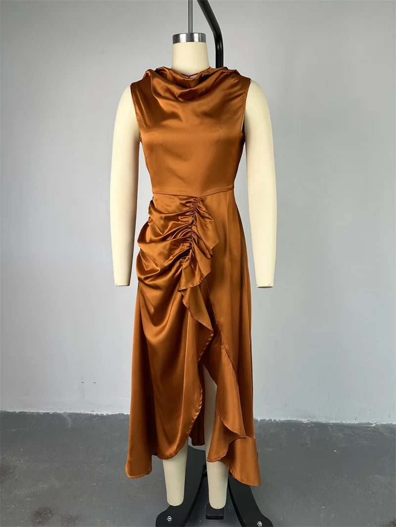 2025 New Dress Elegant Sleeveless Strap-on Leaf Side Mid-Length Irregular Women's Dress