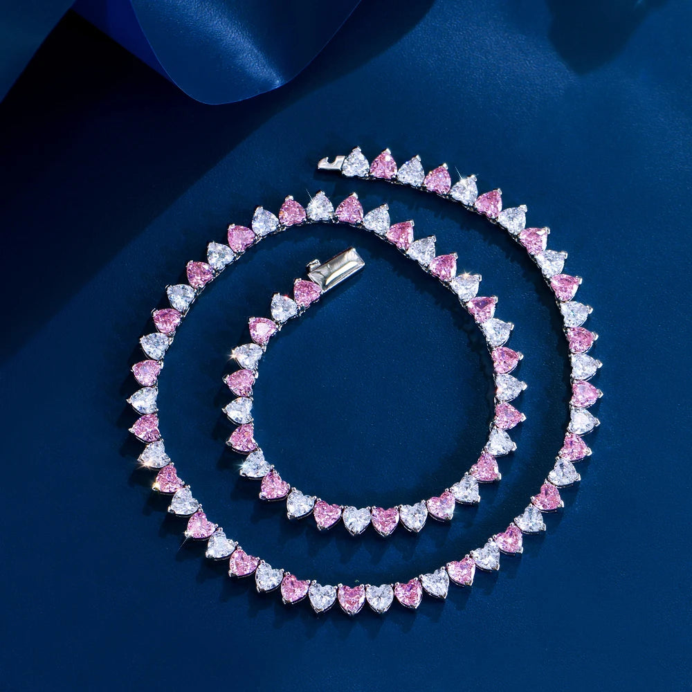 Dainty 3 Claws Cubic Zirconia Setting White and Pink Heart Tennis Necklace for Women Wedding Bridal Party Daily Wear Jewelry