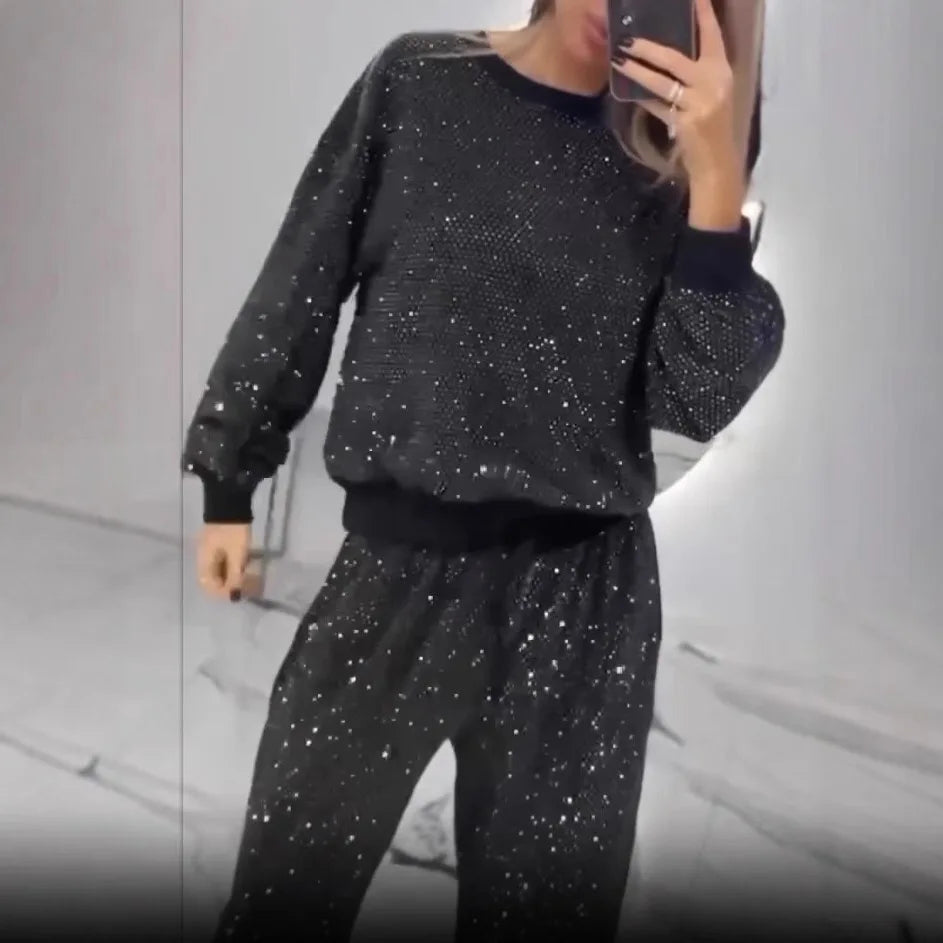 Autumn/Winter Women's Starry Sky Full Sky Long Sleeve Round Neck Loose Top Drawstring Wide Leg Two Piece Set